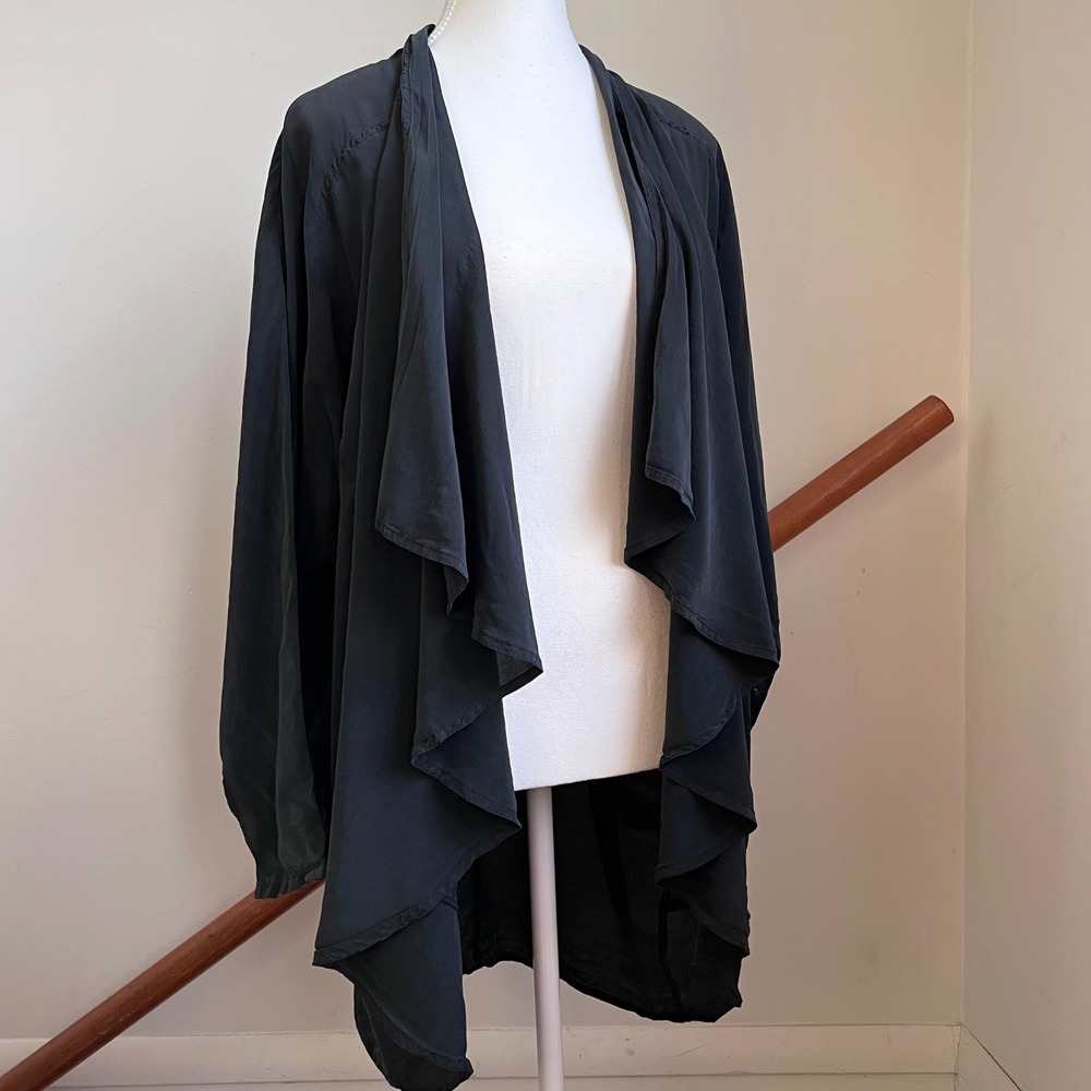 Vintage 90s 100% Silk Draped Open Front Cardigan‎ Black Lagenlook Dark Fairy